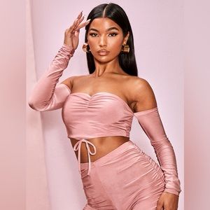 PLT Slinky Bardot Long Sleeve Mauve Crop Top